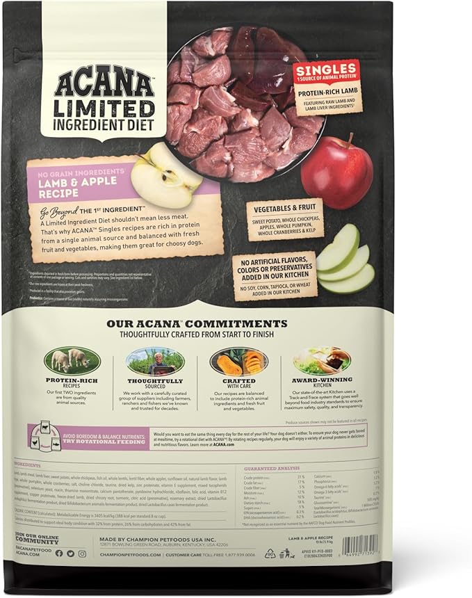 ACANA Singles Limited Ingredient Grain Free High Protein Dry Dog Food Lamb & Apple Recipe 13lb Bag