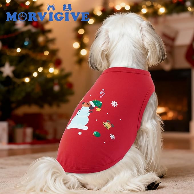3 Pack Christmas Dog Shirts for Small Dogs,Snowman Dachshund Print T-Shirt,Lightweight Sleeveless Vest,Winter Indoor & Soft Inner Wear,Festival Party Funny Outfits (Red&Green,S)