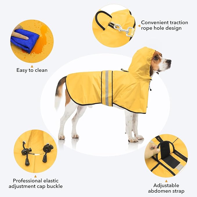 Reflective Dog Rain Coats - Waterproof Adjustable Pet Raincoat Jacket, Lightweight Dog Apparel & Accessories Raincoat for Small to X- Large Dogs(Yellow, Large)