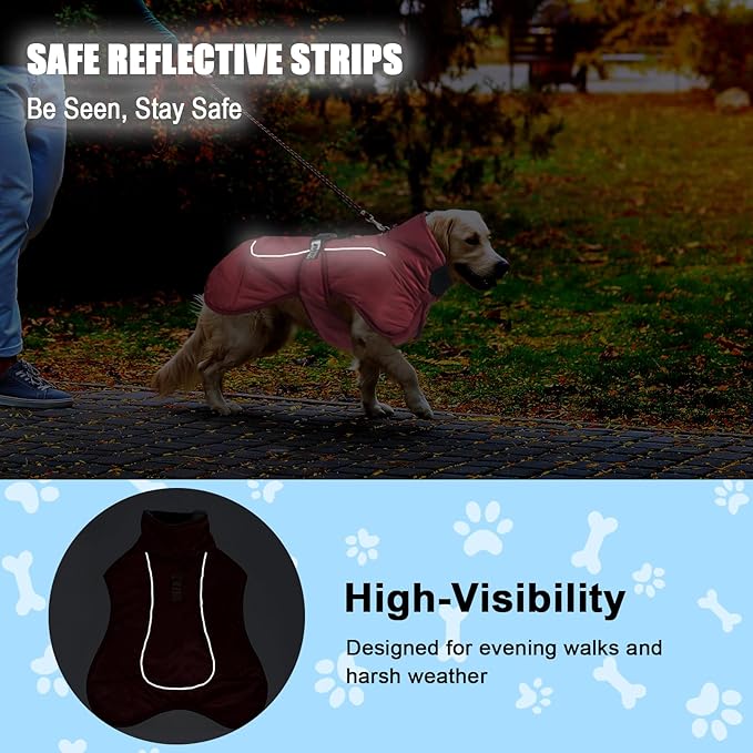 DoggieKit Dog Winter Coat, Waterproof Warm Jacket with Harness Built in, Reflective Cold Weather Doggie Vest, Windproof Turtleneck Pet Snowsuit, Adjustable Puffer Jacket for Large Dogs, Red 5XL