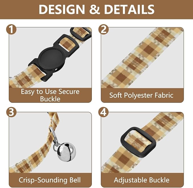 Classic Plaid Beige Small Dog Collar 2 Pack Collar for Cats Adjustable Length 10.6" to 17.1"