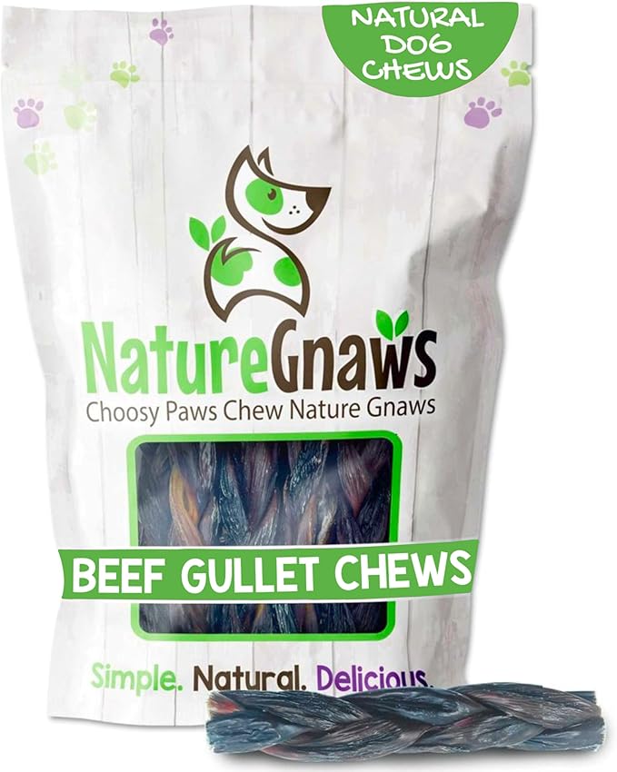 Nature Gnaws Braided Beef Gullet Chews for Dogs 5-6" (10 Count) - Long Lasting for Small and Medium Dogs - Natural Beef Jerky Dog Chew Bones
