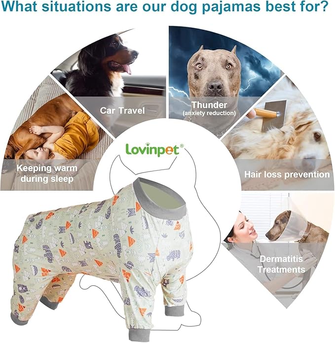 LovinPet Large Dog Clothes for Labrador - Anxiety Calming Dog Pajamas, Lightweight Stretchy Fabric, Sage Animal Print, Pet Pajamas for Dogs,4 Legged Style Pullover Dog Onesies, Silver Grey, L