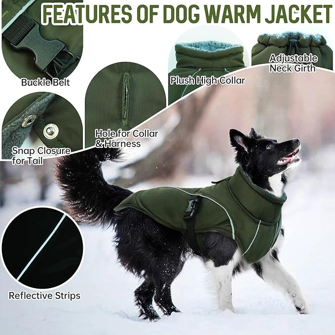 DENTRUN Winter Warm Dog Coat Reflective Jacket with Turtleneck for Cold Weather, Adjustable Buckle Windproof Water Repellent, Thick Snowsuit Fleece Vest for Small, Medium, Large Dogs, Green, XL