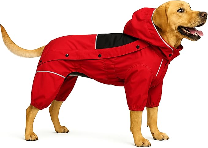 LOVELONGLONG Fleece-Lined Dog Raincoat with Removable Hood – Waterproof Winter Full Body Dog Jacket – Windproof Snowproof Cold-Weather Suit – Red-F M