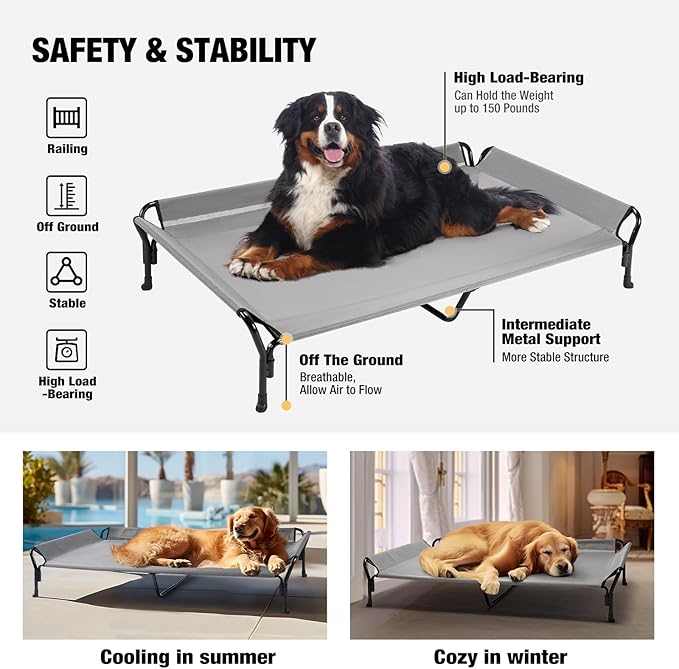 Veehoo Cooling Elevated Dog Bed, Guardrail Raised Pet Cot, Indoor & Outdoor XXL Pet Bed with Washable & Breathable Teslin Mesh, Non-Slip Feet, Dog Couch Bed, 62.5" x 37", Grey
