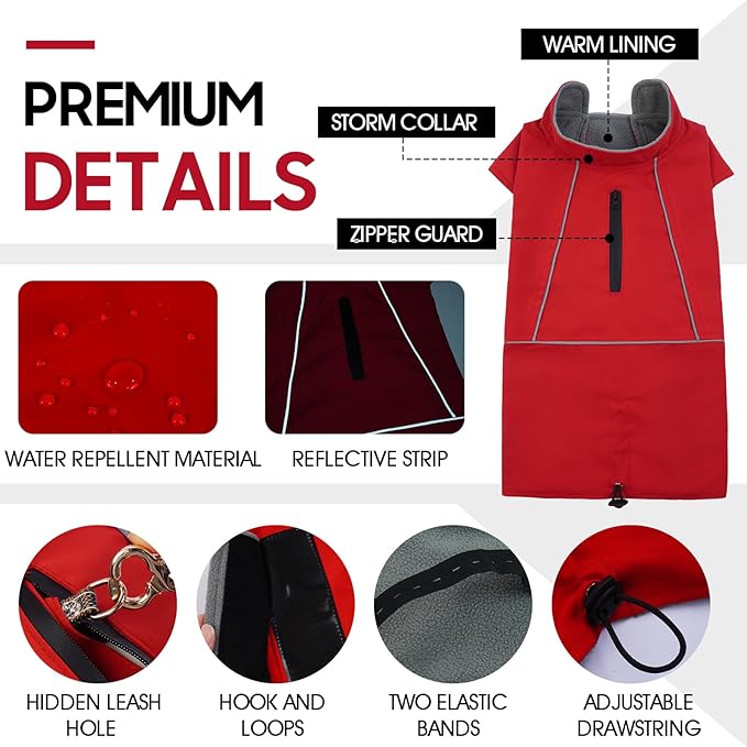 ROZKITCH Dog Raincoat Jacket, Waterproof Sweater with Fleece Liner and Leash Hole Reflective Strip for Small Medium Dog, Adjustable Windproof Poncho Vest for Outdoor Hiking Travel Red M