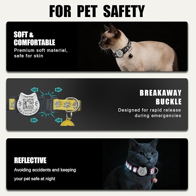 Breakaway Cat Collar with QR Code Tag and Bell (Yellow & Green) | Reflective Nylon, Quick-Release Buckle