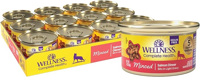 Wellness Complete Health Minced Adult Wet Cat Food, Natural, Protein-Rich, Grain Free, 3 Ounce, 24 Pack, (Salmon Entrée)