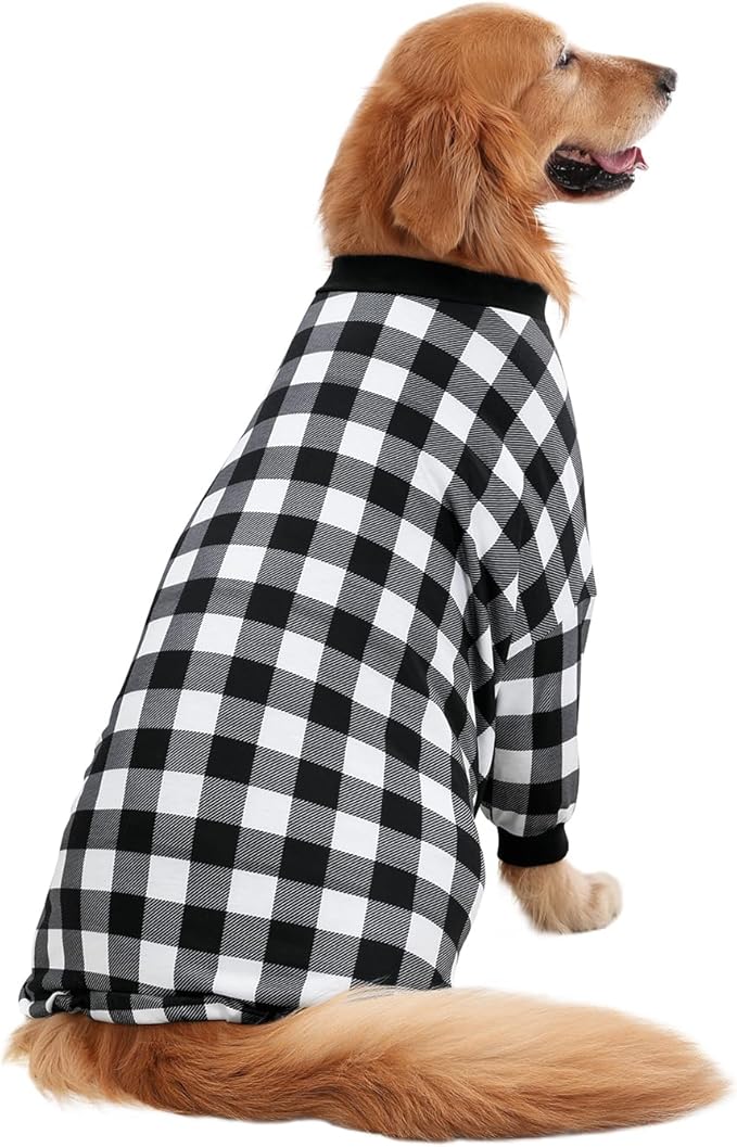 HDE Dog Pajamas One Piece Jammies Jumpsuit Pet Clothes Outfit Stretchy Lightweight Comfy Shirt Pjs for M-3XL Dogs Black & White Buffalo Plaid - M
