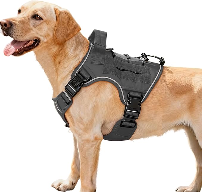 Heavy-Duty Tactical Dog Harness for Large Dogs, No Pull Adjustable Reflective Pet Vest with Molle System, K9 Military-Grade Control for Service Training, Outdoor & 10+ Breeds, Gray, Medium