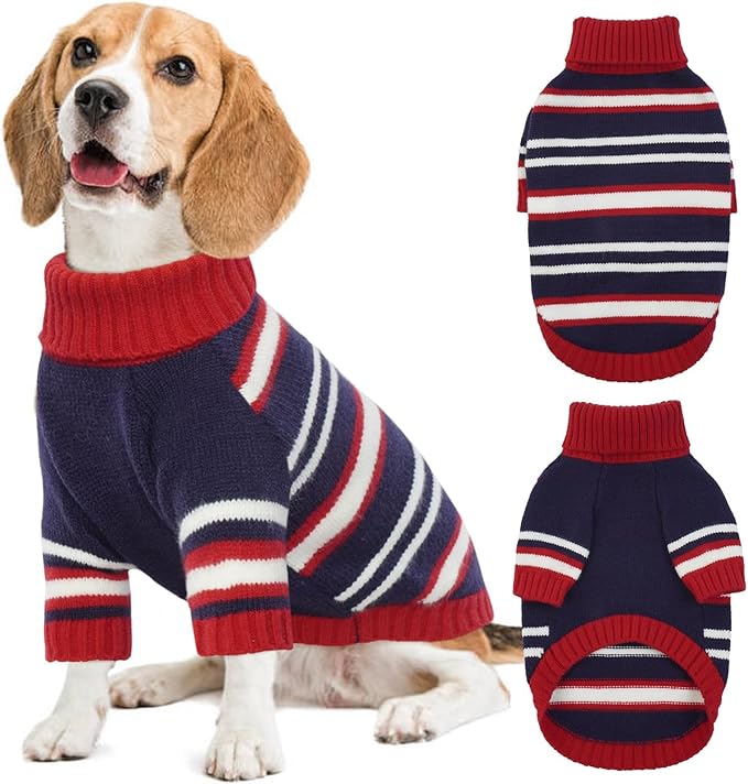 Kuoser Dog Sweater,Warm Dog Sweaters for Large Dogs,Turtleneck Thick XL Dog Sweater Christmas Outfit,Pet Winter Clothes Doggie Knitwear Girl Boy for Holiday Thanksgiving,Red&Blue Strips XL