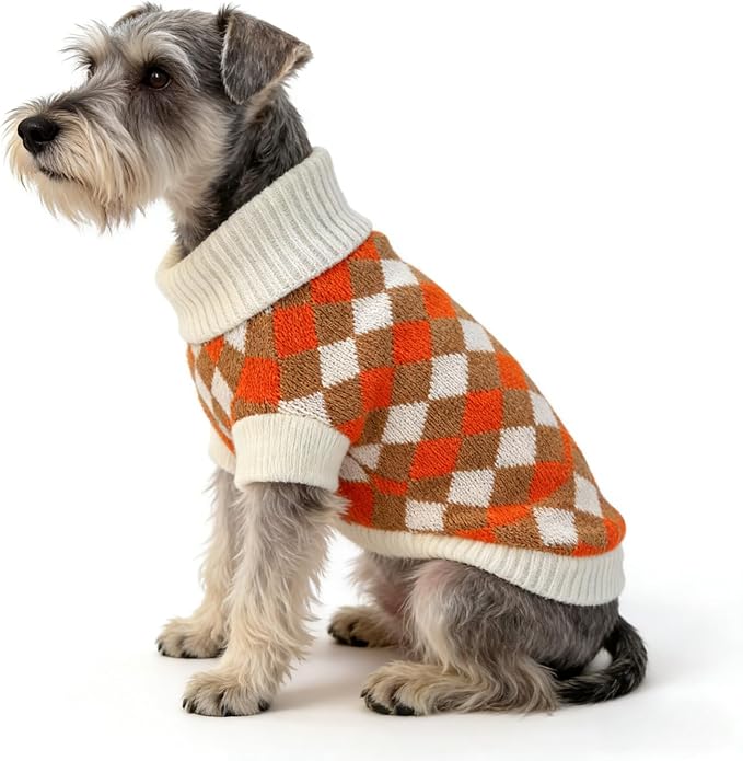 Small Dog Cold Weather Sweaters – Warm Knit Turtlenecks, Cozy Pet Pullovers Dog Clothes with Leash Hole for Chihuahua Bulldog Pug Beagles (Orange/Beige, Large)