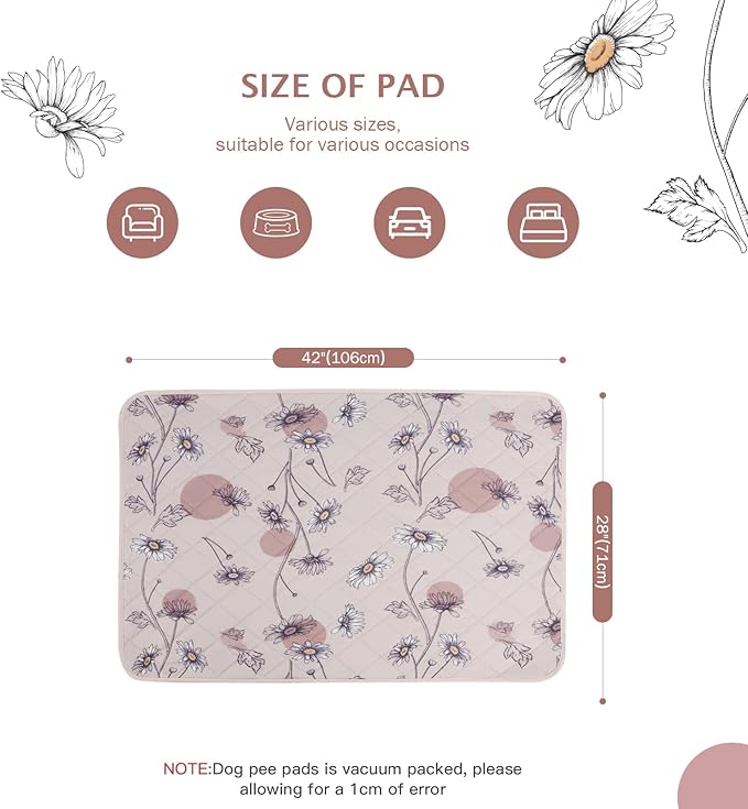 IEUUMLER Washable Pee Pads for Dogs, 2 Pack Non-Slip & Waterproof Pack Whelping Pad, Reusable Washable Puppy Potty Training Pad with Fast Absorbent for Playpen EU007 (Pink Daisy, 42"X28"-2pcs)