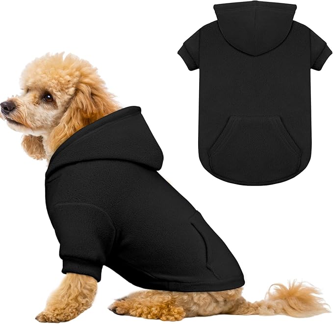 Extra Small Dog Sweater,Dog Hoodie,Warm Fleece Sweatshirt with Hood & Pocket,Leash Hole,Cozy Cold Weather Cat Pet Clothes Puppy Sweater for Small Dogs(Black,XS)