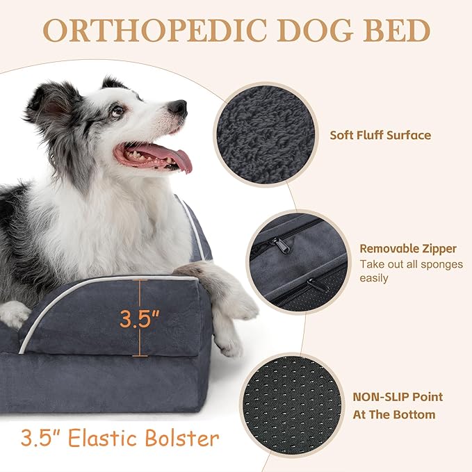 Comfort Expression Orthopedic Dog Bed for Small Dogs 20x14 Inch, Waterproof Supportive Egg Crate Foam Small Pet Bed with Removable Bolsters, Dog Couch with Washable Cover & Non-Slip Bottom, Dark Grey