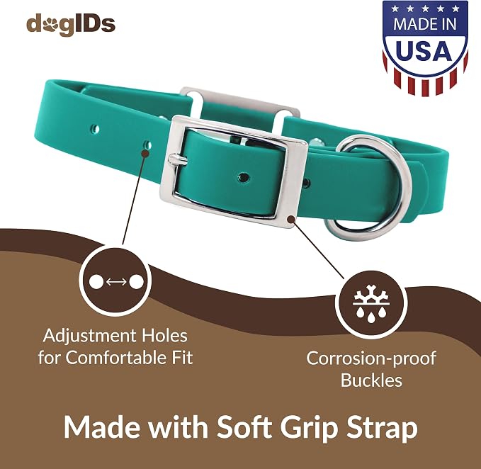 DogIDs ScruffTag Personalized Waterproof Dog Collar, Made in USA - Soft Grip Biothane, Adjustable, Odor Resistant, Custom Laser Engraved Name Plate - Teal, 3/4 in x 14 in (Fits Neck Sizes 12-16 in)