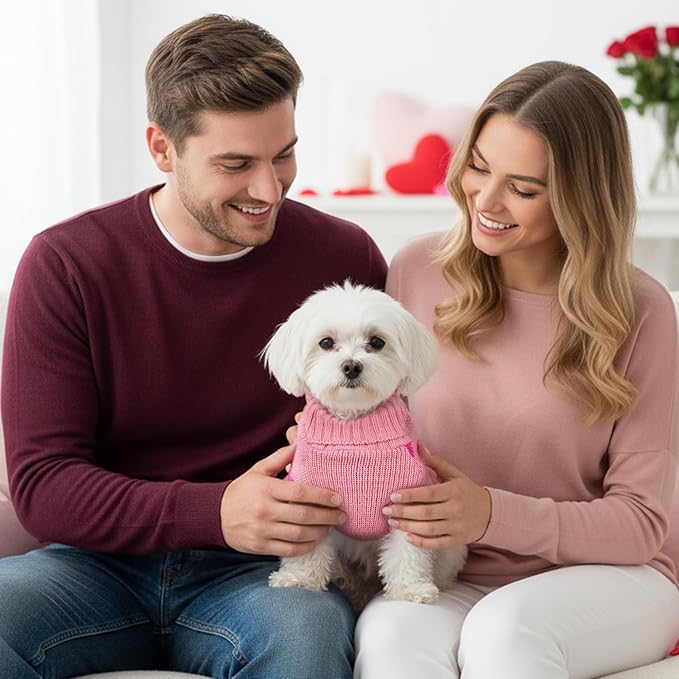 Dog Sweater Dress Heart Pink Turtleneck Knit Dress for Small Dogs 9-15 lbs Valentine Winter Pullover with Leash Hole for Wedding Mothers Day Valentine's Day