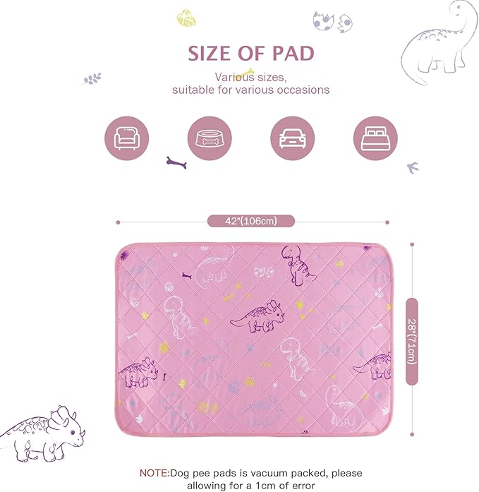 IEUUMLER Washable Pee Pads for Dogs, 2 Pack Non-Slip & Waterproof Pack Whelping Pad, Reusable Washable Puppy Potty Training Pad with Fast Absorbent for Playpen EU007 (Pink Dinosaur, 42"X28"-2pcs)