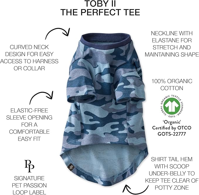 Toby II - The Perfect Tee, 3 Pack Short Sleeve Pet T-Shirt 100% Organic Cotton Tees Clothes for Small, Medium, Large Dogs, Navy Camo, Medium (20-45 lbs)