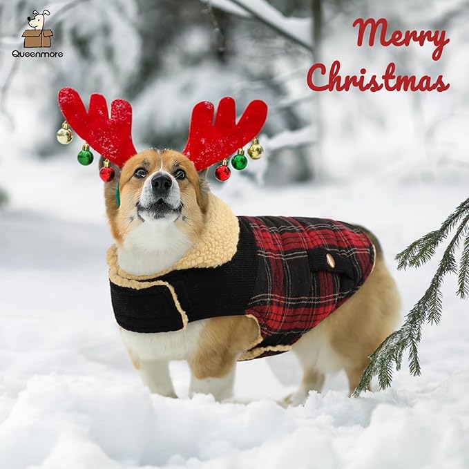 Queenmore Dog Winter Coat Warm Dog Jacket for Cold Weather, Quilting Puffer Plaid Coats for Small/Medium Dogs Waterproof,Girl/Boy Pet Christmas Coat,Pet Snowsuit with Leash Hole/Fleece Padding, M