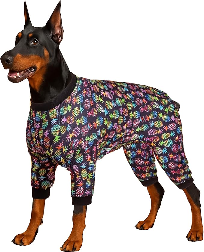 LovinPet Large Dog Clothes for Pitbulls Male, Dog Onesie with Uv Protection,Anxiety Calming Dog Shirt,Lightweight Fabric,Pinapple Paradise Black Print, Onesies for Dogs, Pajamas for Pitbulls, XL