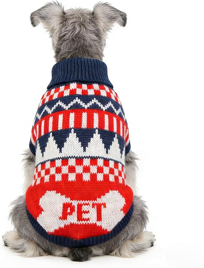 Small Dog Cold Weather Sweaters – Warm Knit Turtlenecks, Cozy Pet Pullovers Dog Clothes with Leash Hole for Chihuahua Bulldog Pug Beagles (Red/Navy, Large)