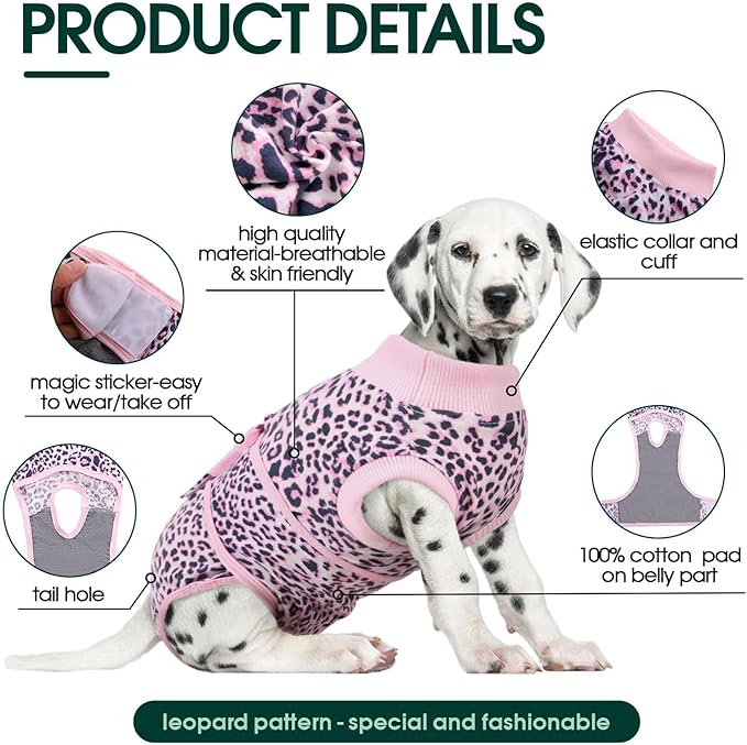 Kuoser Dog Surgery Suit, Comfy Dog Recovery Suit Female Doggie Onesie for Surgery, Post-Op Onesie for Female & Male Dogs, Soft Protective Wear, PinkLeopard XL