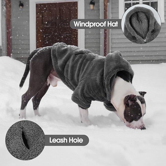 IDOMIK Fuzzy Dog Sweater with Adjustable Hood, Warm Fleece Dog Sweater Hoodie with Harness Hole & Pocket, Pullover Sweaters for Large Dogs, Fuzzy Hooded Sweatshirt for Fall Winter Christmas,Grey,2XL