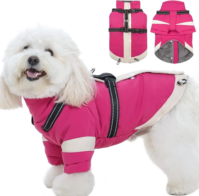 XS Dog Winter Coat with Harness Built in - Turtleneck with Sleeves| Reflective Water-Repellent Jackets for Cold Night,Warm Snow Suit for Snowy Day,Chihuahua (Rosered)
