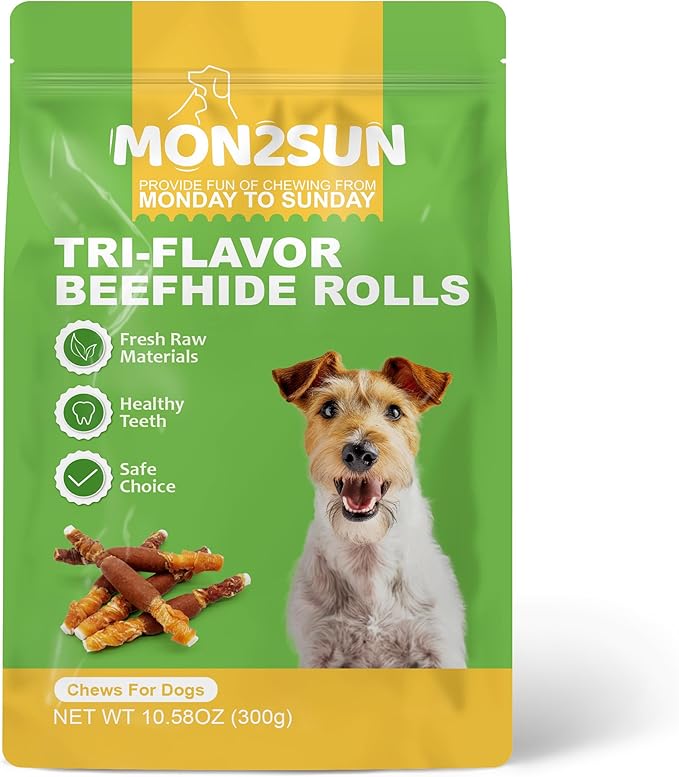 MON2SUN Dog Treats, Triple Flavor 5 Inch Chicken Liver Duck and Chicken Wrapped Rawhide Snacks for Small and Medium Dogs, 10.58 Oz (15 Count-Pack of 1)