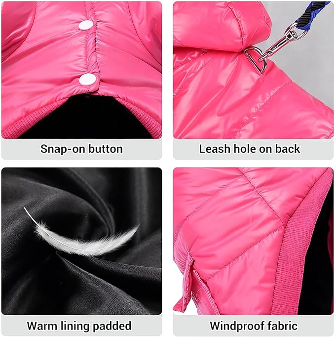 LESYPET Dog Coat for Small Dogs, Windproof Doggie Puffer Jacket with Leash Hole, Extra Warm Dog Jacket Winter Coat, Pink XXL