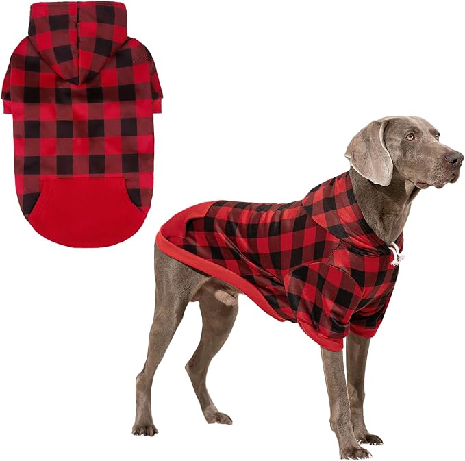 KOOLTAIL Plaid Dog Hoodie Pet Clothes Sweater with Hat and Pocket for Small Medium Large Size Dogs, Soft Winter Warm Dog Cold Weather Coat, Fleece Fall Dog Hooded Sweatshirt for Puppy Cats, Red L