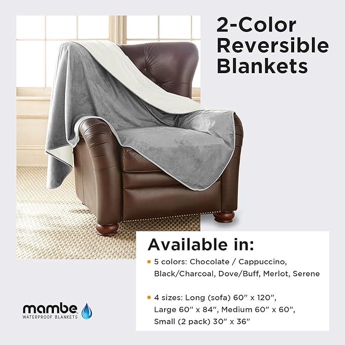 Mambe Silky Waterproof Throw for Protecting Furniture Bed Couch from Stains Caused by Dogs, Cats, Incontinence. Soft, Washable, Reversible. (Size Long/Sofa 70x120 inches, Color Buff/Dove)