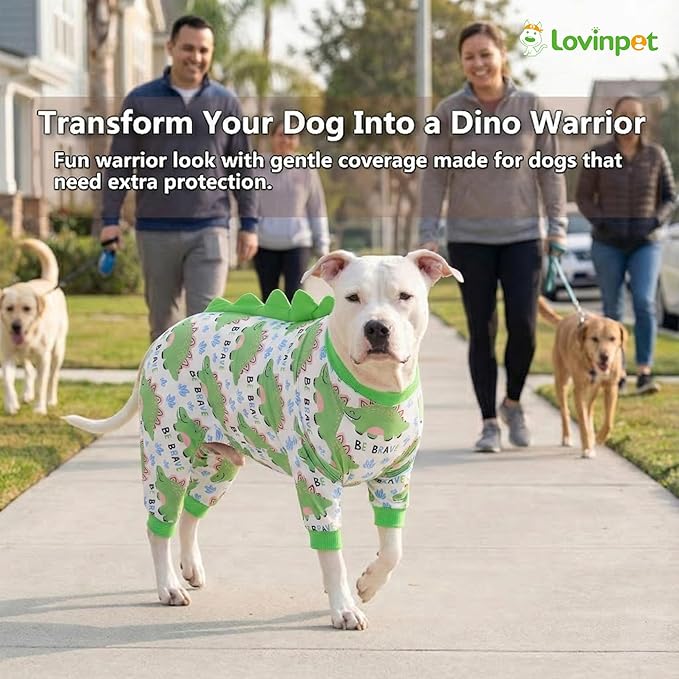 LovinPet Large Dog Pajamas, Four-Leg Stretch Onesie Bodysuit, Lightweight UV-Shielding Pajamas, Anti-Lick Calming Recovery Suit for Surgery, Pull-On for Medium and Large Breeds,White Green,XXL