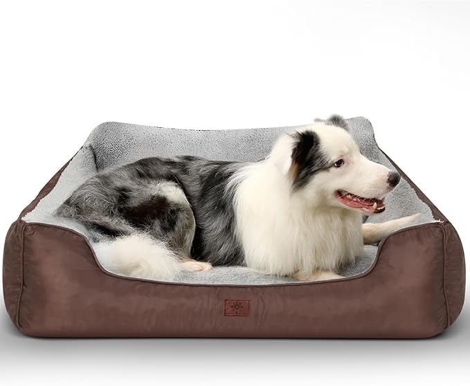 Washable Orthopedic Large Dog Bed, XL Dog Beds for Extra Large Dogs, High Back Dogs Sofa with Non-Slip Bottom, 37”x30”x8”, Brown
