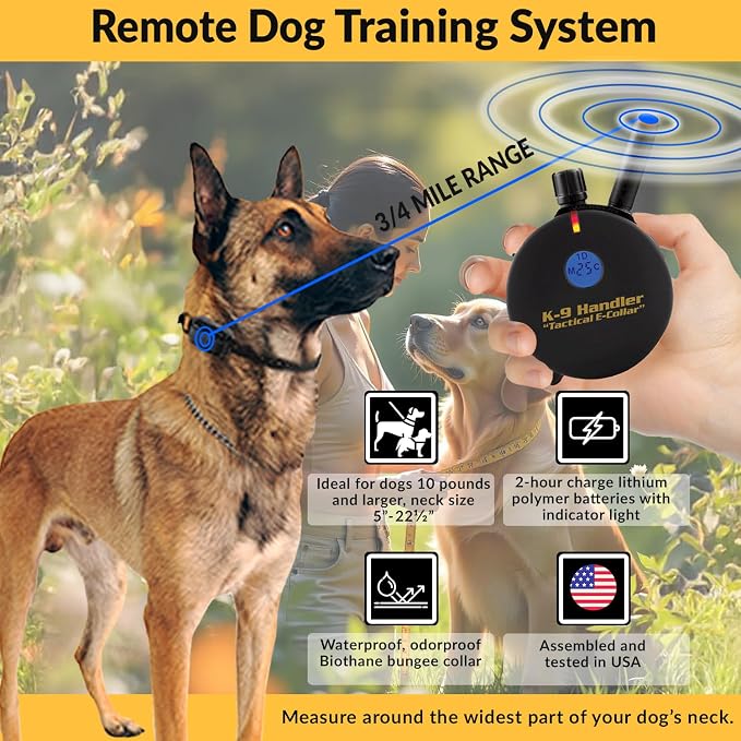 Educator K9 Tactical Dog Handler with Remote, 100 Levels Humane Stimulation, Pavlovian Tone, Waterproof, Odorproof Biothane Bungee Collar, Night Light, Rechargeable, 3/4 Mile 1 Dog, 37" Collar, Black