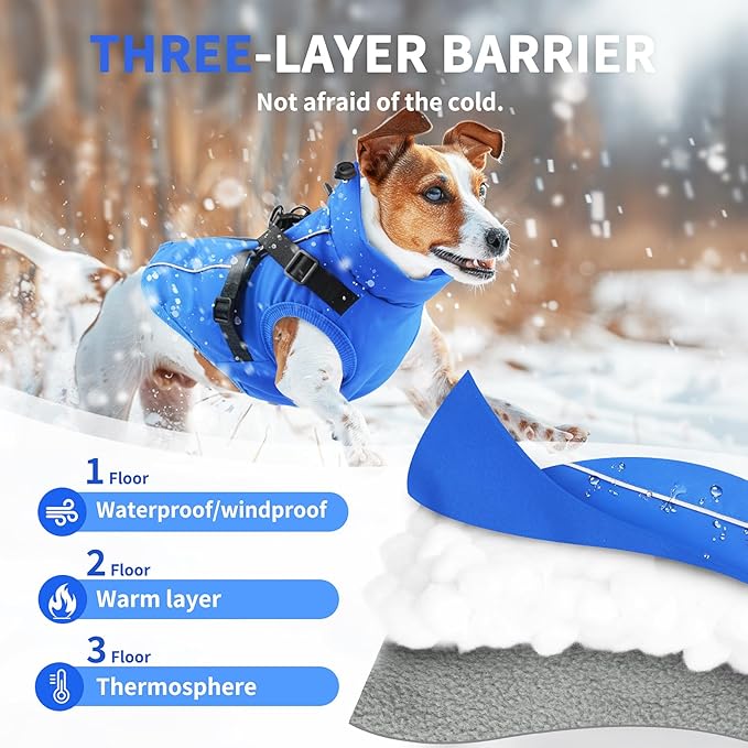 Dog Winter Coat Reflective Water-Resistant Jacket, Fleece Lined Windproof Puppy Coat with Back Zipper & D-Ring, Cold Weather Dog Coats for Small Medium Dogs (S, Blue)