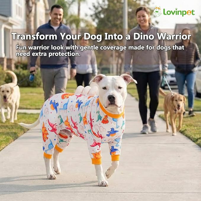 LovinPet Large Dog Pajamas, Four-Leg Stretch Onesie Bodysuit, Lightweight UV-Shielding Pajamas, Anti-Lick Calming Recovery Suit for Surgery, 3D Dino Egg Spikes, Easy on/Off， White， L