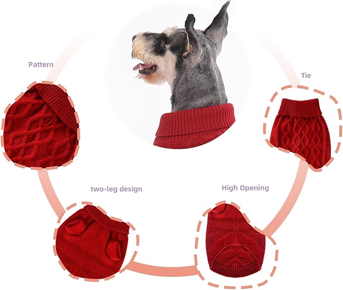 Dog Christmas Pullover Sweater, Cable Knitwear, Classic Turtleneck Warm and Soft Clothes for Chihuahua, Bulldog, Dachshund, Pug, Yorkie,Dog Outfits for Small Dogs Medium Dogs, (Red M)