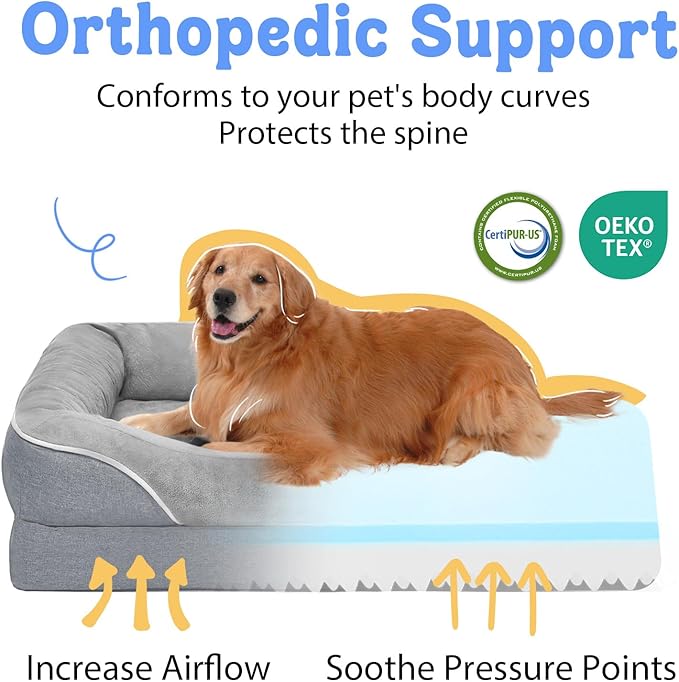 Washable Orthopedic Large Dog Bed - Removable Waterproof Cover with Bolster Extra Large Dog Bed Foam Support XL Large Big Pet Dogs Beds