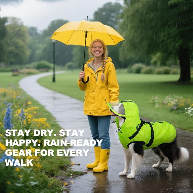 Dog Raincoats for Large Dogs with Hood, Waterproof Dog Rain Jacket with Adjustable Built-in Harness & Back Zipper, Reflective Strip, for Rainy Walks, Muddy Roads - Fluorescent Green XXXL