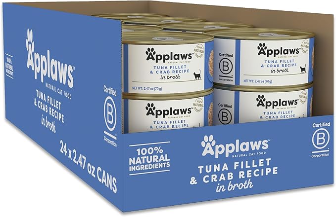 Applaws Natural Wet Canned Cat Food, Limited and Natural Ingredients, High Protein with No Artificial Additives, Tuna Fillet & Crab in Broth (24 x 2.47oz Cans)