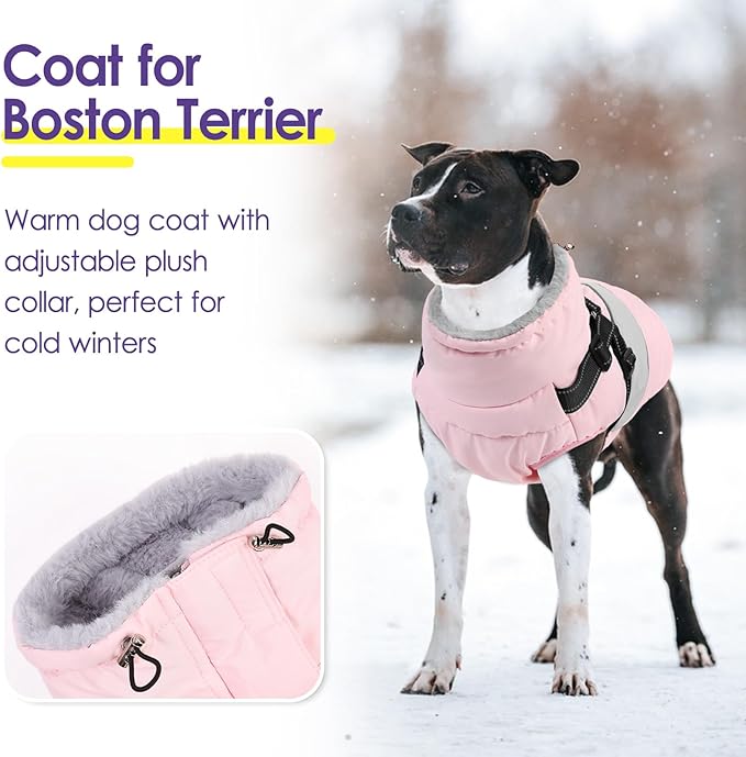 SUNFURA Small Dog Coat with Harness Built in, Warm Dog Jacket Winter with Zipper On Back, Waterproof Pet Snow Jacket Snowsuit Pet Sweater Clothes for Puppy, Pink XS