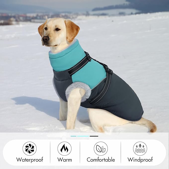 Dog Coat with Harness Built, Dog Winter Jacket with Zipper Closure, Warm Pet Fleece Puffer Coat with Reflective Strips & Furry Collar, Waterproof Snowsuit for Medium Large Dogs - Green L