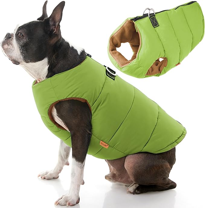 Gooby Padded Vest Dog Jacket - Solid Green, Small - Warm Zip Up Vest Fleece Jacket with Dual D Ring Leash Water Resistant for Small to Medium Dogs