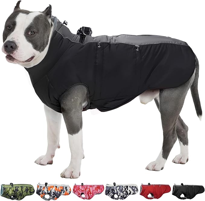 Dog Winter Jacket - Large, Warm Zip Up Snowsuit Dog Harness Vest, Reflective, Water-Resistant, Black