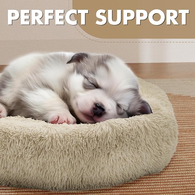 Athena Collection Washable Dog Bed Medium Size Dog, Cat Bed for Indoor Cats, 31 Inches Fluffy Faux Fur Round Pet Bed Calming Cozy Soft Warming Donut for Medium Puppy Kitten, Beige