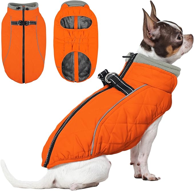 QBLEEV Dog Coat for Small Dogs, Winter Warm Fleece Vest, Waterproof & Windproof with Adjustable Fit, Built-in Harness, Reflective Trim & Zip-Up for Safe Cozy Walks — Orange, XS, for Chihuahua, Yorkie