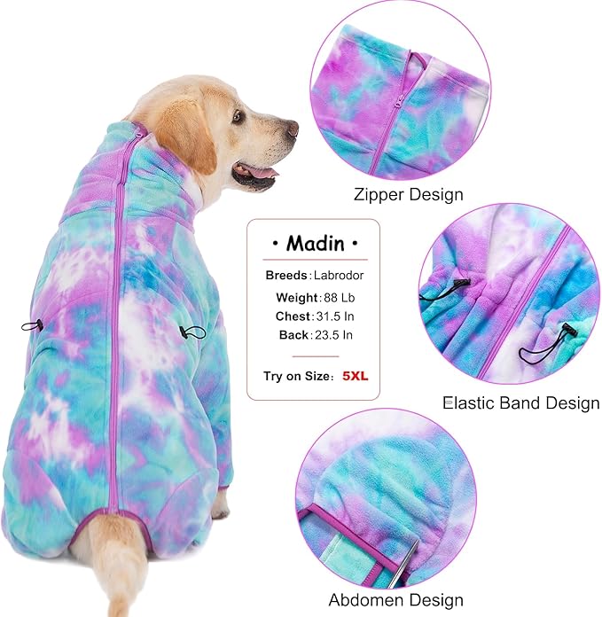Dog Winter Coat for Large Medium Small Dogs, Warm Fleece High Collar Full Body Dog Jumpsuit Comfortable Onesie Apparel (Purple Blue, 3X-Large)